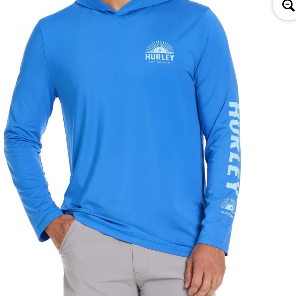 Hurley Men's Blue Hooded Swim Rash Guard with White Logo